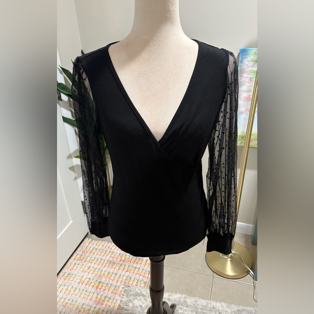 Chic Black Wrap Top with Lace Sleeves